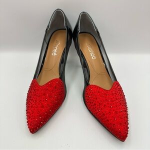 J. Renee Coopid Heel Pump Black Red Heart Womens 6.5M Mesh Sparkle Pointed Toe
